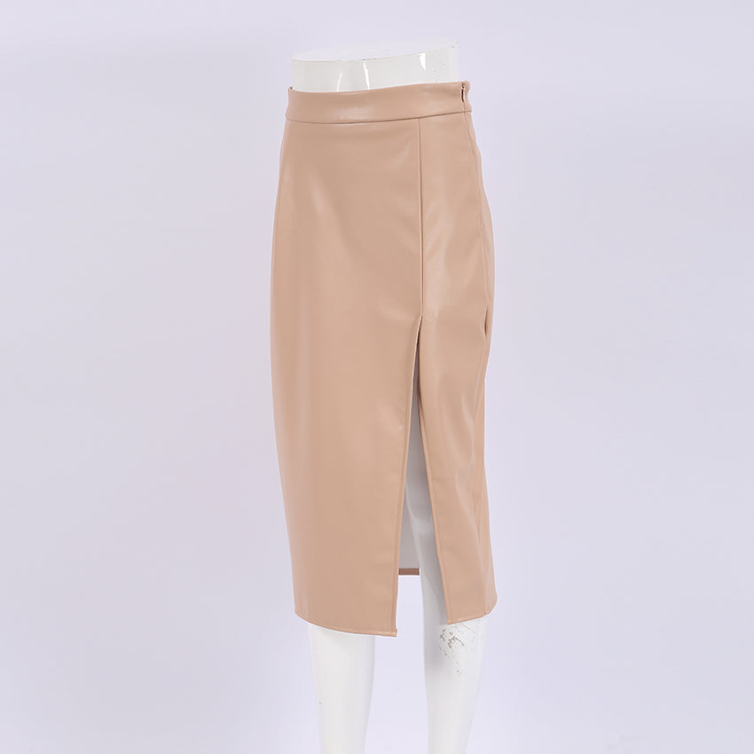 Faux Leather Slit Midi Skirt