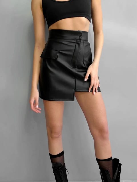 Black Asymmetric Faux Leather Skirt