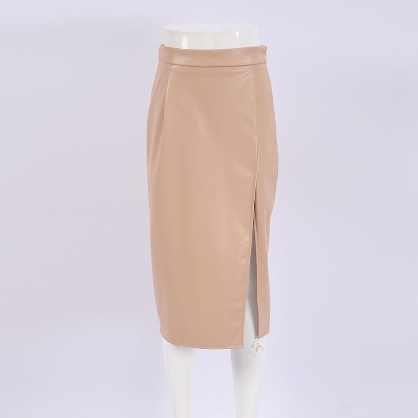 Faux Leather Slit Midi Skirt