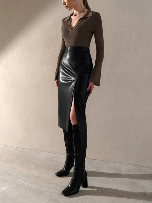 Faux Leather Slit Midi Skirt Black