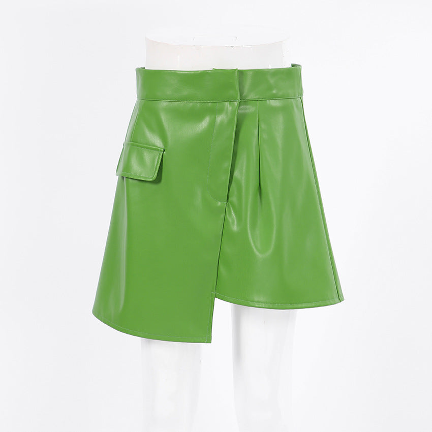 Matte Green Asymmetric Faux Leather Skirt