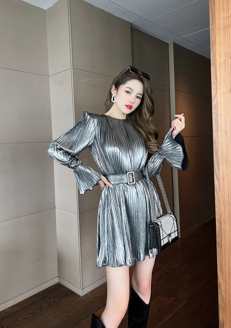 Full Sleeve Ruffle Mini Silver Dress