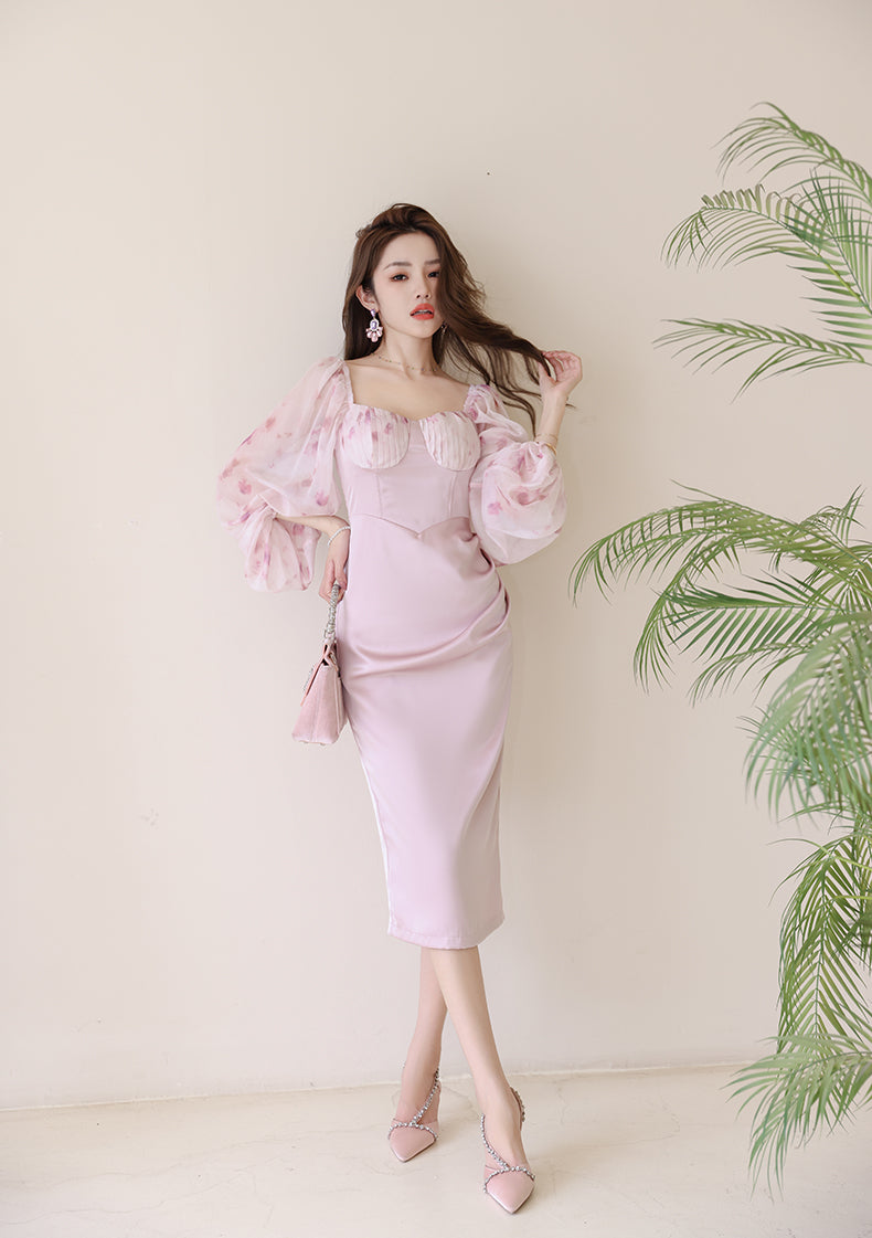Long Puff Sleeve Square Neck Dress